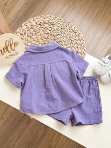 Baby Jungen und Mädchen koreanischen Stil lässig und einfach Einfarbig Kurzarm-Shirt mit Turn-Down-Kragen und elastischer Bund Shorts Anzug, geeignet für Sommer