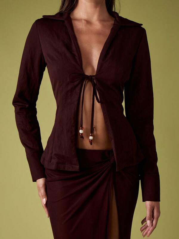 MISSGUIDED Beaded Tie Front Blouse Long Sleeve Plunge Neckline Evening Party Cocktail Holiday Club Occasion Wear Winter Fall Fashion Statement Top