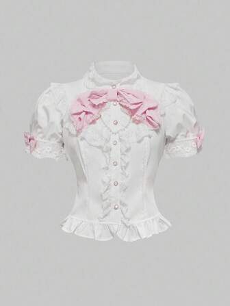 J-Fashion Lolita Summer Babydoll Kawaii Sweet 3D Bow Decor Puff Sleeve Women Blouse