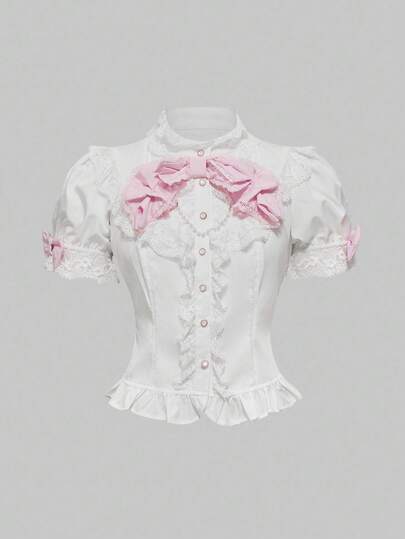 ROMWE J-Fashion 洛丽塔夏季娃娃装可爱甜美 3D 蝴蝶结装饰泡泡袖女式衬衫