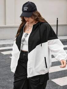 SHEIN CURVE+ Curves 大码/学校服装/返校服装/返校大码女式双色拼接连帽夹克，带口袋，女式运动服，女式慢跑服，两件套休闲套装，女式现代服装，大码运动服，女式秋季服装，女式秋季服装，冬季，CURVE PLUS - 黑與白 - 查看 3