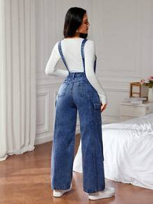 SHEIN ICON 女式宽松休闲牛仔连体裤，带多个口袋，女式牛仔工装裤