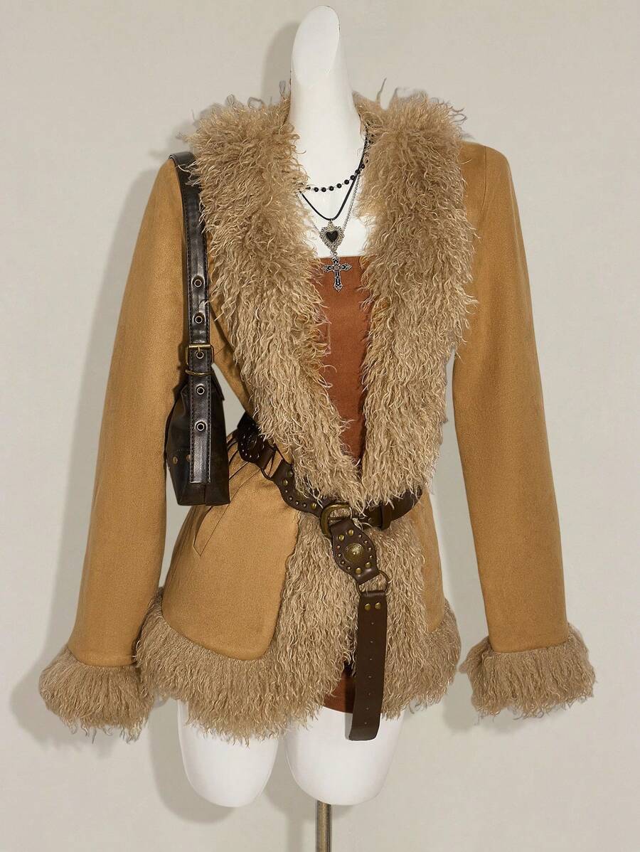 SHEIN ICON Y2k 秋季西部波西米亚风外出卡其色女式时尚复古人造毛皮拼布夹克女式棕色人造毛皮大衣女式棕色夹克女式秋季大衣女式棕色大衣女式秋季夹克 - 卡其色 - 查看 1