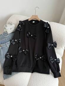 SHEIN 青少年女孩优雅休闲日常超大蝴蝶结宽松法式装饰落肩运动衫 - 黑色 - 查看 5