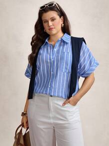 SHEIN LUNE 大码休闲条纹短袖衬衫，适合夏季秋季学校乡村音乐会复古斯德哥尔摩风格教师办公室 90 年代 2000 风格秋季返校旧款工作/办公室商务休闲女士