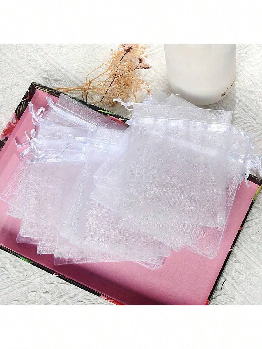 50 pezzi di sacchetti regalo in organza con cordini, perfetti per gioielli, caramelle, matrimoni, feste e confezioni per lo shopping online - Bianco - Visualizzare 1