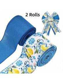 2 Rolls Lemon Wired Edge 2.5inch Yards Blue Tile Lemon Fabric Craft Ribbon For Spring Summer Shower Birthday Gift Wrapping Wreath Bow DIY Crafts