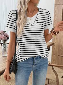 EMERY ROSE Conjunto Casual Feminino Multicolorido de Duas Peças, Camiseta Listrada de Manga Curta 2 em 1, Roupas Femininas de Outono, Roupas de Outono e Inverno para Mulheres, Volta às Aulas, Casual Empresarial, Básico, Saída, Camiseta de Professor - Multicolorido - Visão 7