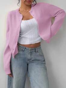 SHEIN BASICS Suéter/Cardigan de mujer de manga larga, cuello redondo, unicolor, holgado y corto para otoño/invierno - Morado - Ver 5