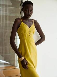 Lumivelle 女式纯色纽扣设计开衩下摆夏季亚麻优雅吊带裙 - 芥末黃 - 查看 4