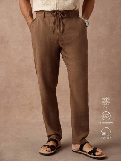 Manfinity Homme Pantalones casuales de unicolor para hombres para el transporte diario, pantalones de lino para hombres, pantalones de lino con cordón, pantalones de lino versátiles para el transporte diario, viajes, vacaciones y salidas, regalos para esposo y novio, estilo casual y sencillo, estilo urbano maduro, pantalones de lino estilo caballero británico, pantalones transpirables para hombres, otoño