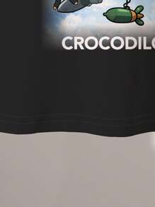 SHEIN Young Boys' Casual Cartoon Style T-Shirt, Crocodile Head & Airplane Print, Paired With "BOMBARDIRO" "CROCODILO" Graphic Short Sleeve Crew Neck T-Shirt, Suitable For Everyday Casual Wear In Summer, School, Campus, College - Multicolor - View 5