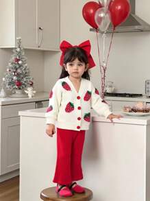 SHEIN Baby Girl Casual Everyday Cute Christmas Party Strawberry Pattern Drop Shoulder Loose Cardigan And Flare Knit Pants Set, Autumn/Winter - White - View 1