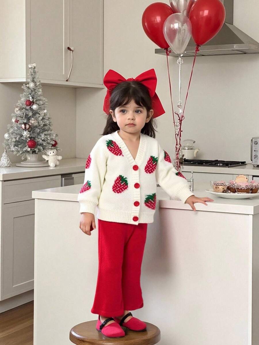 SHEIN Baby Girl Casual Everyday Cute Christmas Party Strawberry Pattern Drop Shoulder Loose Cardigan And Flare Knit Pants Set, Autumn/Winter - White - View 1