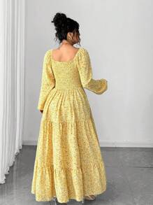 Elenzga 随机碎花，加大码女装畅销面料，黄色底色和小花图案，长袖超长蛋糕裙，修身版型，适合度假、花园派对、约会，舒适的面料，风格独特 - 黃色 - 查看 6