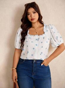 Elaquor Plus Size Women Floral Pattern Ruffle Trim Square Neck Short Puff Sleeve Blouse