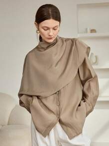 Dazy-Less 女士宽松雪纺衬衫，休闲商务办公装，长袖，披肩领，适合春、夏、秋季穿着。 - 杏色 - 查看 2