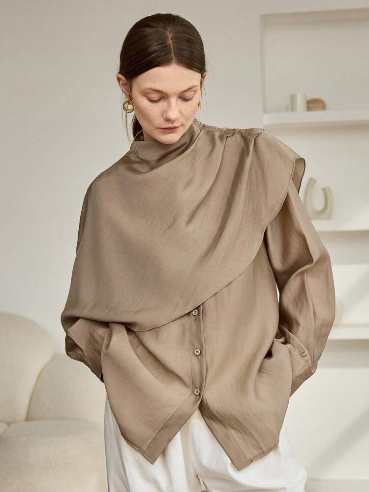 Women's Loose Chiffon Blouse, Casual Business Office Wear, Long Sleeve, Shawl Collar, Suitable For Spring, Summer, Autumn