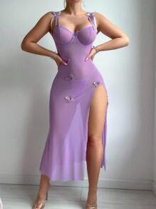 SHEIN Đầm nữ họa tiết bướm chắp vá thời trang gợi cảm - Màu tím - Xem 8