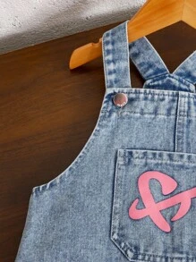 Girls Blue Washed Casual Loose A-Line Denim Dress, Adjustable Shoulder Strap, Sweet Heart & Colorful Floral Print, Versatile & Fashionable For Daily Wear