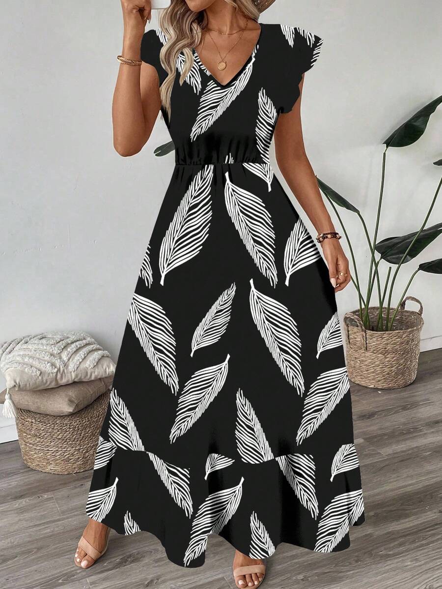 SHEIN LUNE V领荷叶袖喇叭下摆长款连衣裙，度假休闲印花无袖女士长裙，适合外出穿着，秋季服装