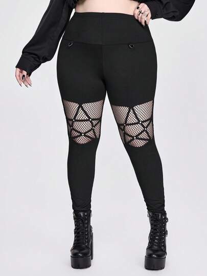Goth Gothic Five-Pointed Star Studded Mesh Patchwork Plus Size Women Skinny Stretch Pants