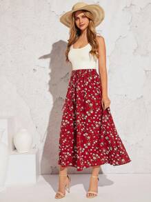 SHEIN Clasi 滿版印花腰上打結喇叭下擺半身裙 - 酒紅色 - 查看 3
