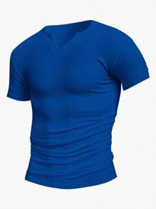 Manfinity Homme Men's Solid Color V-Neck Short Sleeve Casual Rib Knit T-Shirt - Blue - View 3