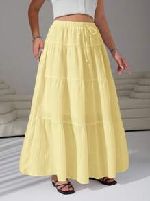 SHEIN EZwear Plus Size Women Solid Color Waist Tie Ruffle Hem Casual Skirt,Back To School - Yellow - View 7