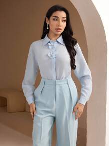 Veilorie 女式花卉装饰落肩长袖单排扣优雅衬衫 - 藍色 - 查看 6