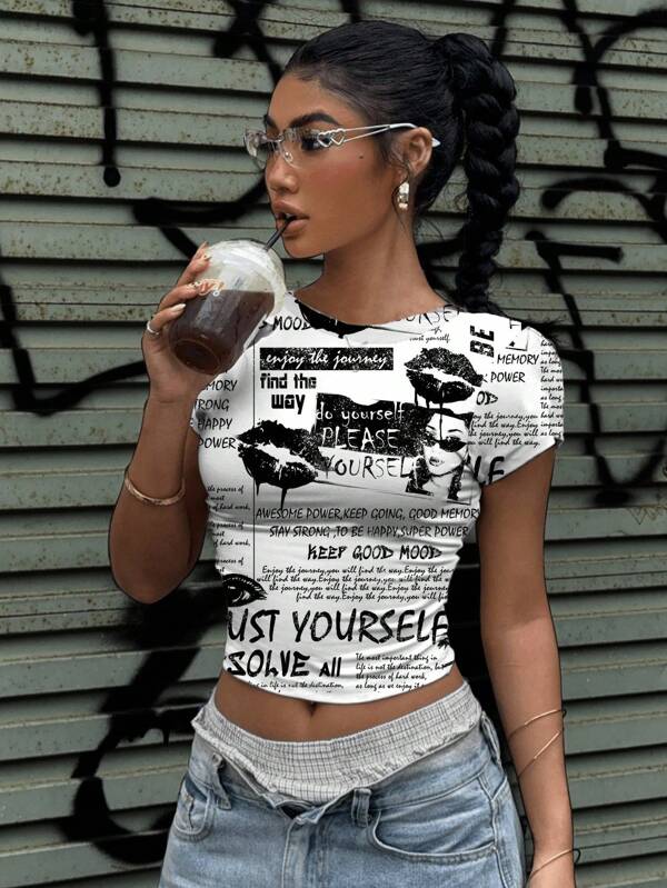 Muchica Camiseta corta con estampado de labios y collage de calle personalizada, en estilo blanco y negro, adecuada para el verano