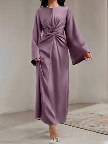 Veilorie Women Elegant Solid Color Twist Waist Flare Sleeve Arabic Style Dress, Autumn Long Evening Dresses, Modest