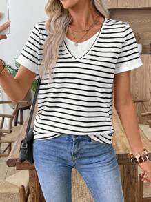 EMERY ROSE Conjunto Casual Feminino Multicolorido de Duas Peças, Camiseta Listrada de Manga Curta 2 em 1, Roupas Femininas de Outono, Roupas de Outono e Inverno para Mulheres, Volta às Aulas, Casual Empresarial, Básico, Saída, Camiseta de Professor - Multicolorido - Visão 8