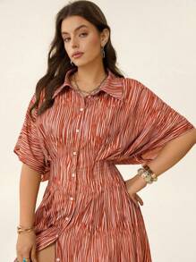 SHEIN LUNE Women's Print Button-Front Pleated Short Sleeve Dress,White,Summer,Smart Casual,Vacation,Fall 4th Of July School Office Country Concert Vintage Outfit - Multicolor - View 10