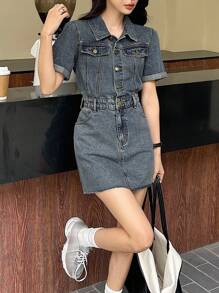 DAZY 女士牛仔短袖连衣裙，休闲时尚，适合日常穿着