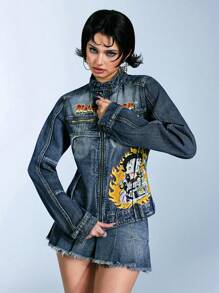 Betty Boop | ROMWE Chaqueta y abrigo de mujer retro desgastado de estilo vintage para motero, columpio Betty - Azul - Ver 1