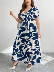 Modelyn Casual Vintage Floral Pattern Loose Fit Plus Size Dress, Suitable For Autumn/Winter Suitable For Going Out - Blue and White - View 5