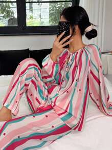 SHEIN 彩色多巴胺条纹印花宽松长袖和长裤女士睡衣套装，秋季衣服