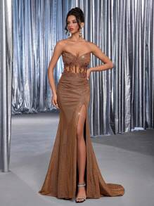 Glamrae Váy xòe đuôi cá xếp ly ren thêu mảnh, sang trọng, thanh lịch, sang trọng, phù hợp cho đám cưới, tiệc tùng, kỳ nghỉ, dạ hội, sự kiện trang trọng (Độ bền cao) - màu nâu - Xem 3