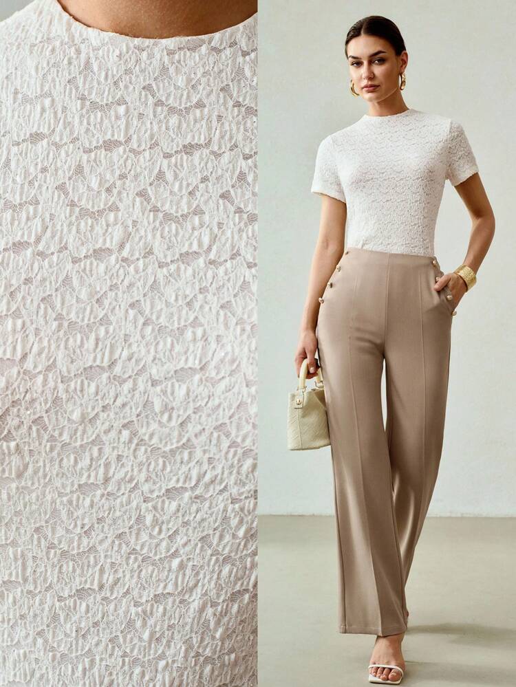WOMEN SUMMER SOLID COLOR TEXTURED FABRIC KNIT FITTED SHORT SLEEVE T-SHIRT