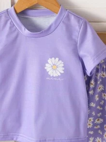 SHEIN 2pcs Baby Girls Toddler Newborn 0-3 Years Old Spring/Summer Casual Home Cute Daisy Graphic Short Sleeve T-Shirt And Pant Sets - Purple - View 7