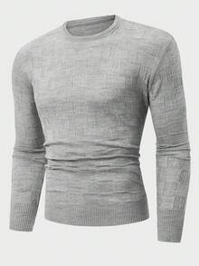 EURMUSE Men Rib Knit Geometrical Pattern Crew Neck Regular Sweater - Grey - View 3