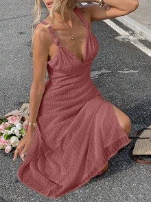 SHEIN Frenchy Váy dài vừa phải xẻ tà xẻ tà màu trơn dành cho nữ, đi nghỉ - Gỗ đỏ - Xem 3