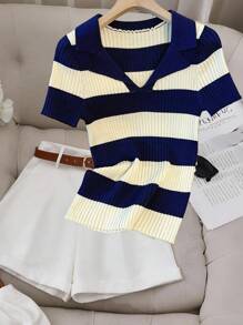 Pariaura Maglia a maniche corte stile francese da strada, a righe colorate, con colletto tipo polo - Blu reale - Visualizzare 3