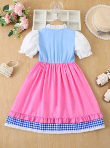 4-7 岁女童泡泡袖连衣裙，花卉印花拼接可爱休闲舒适荷叶边下摆泡泡袖连衣裙，返校学院风，适合所有季节 - 粉色 - 查看 2