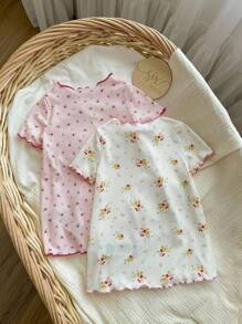 Baby Girl Ditsy Floral Ruffle Hem Round Neck Loose Knitted Nightgown 2 Pieces Set Print - Multicolor - View 2