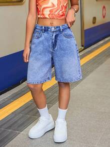 SHEIN Shorts vaqueros holgados tipo bermuda casuales para niñas preadolescentes, shorts vaqueros de verano, shorts vaqueros Y2K