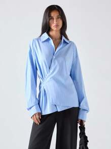 LYSMO Áo sơ mi nữ tay dài kẻ sọc trễ vai cài nút đơn giản - Màu xanh nhạt - Xem 3