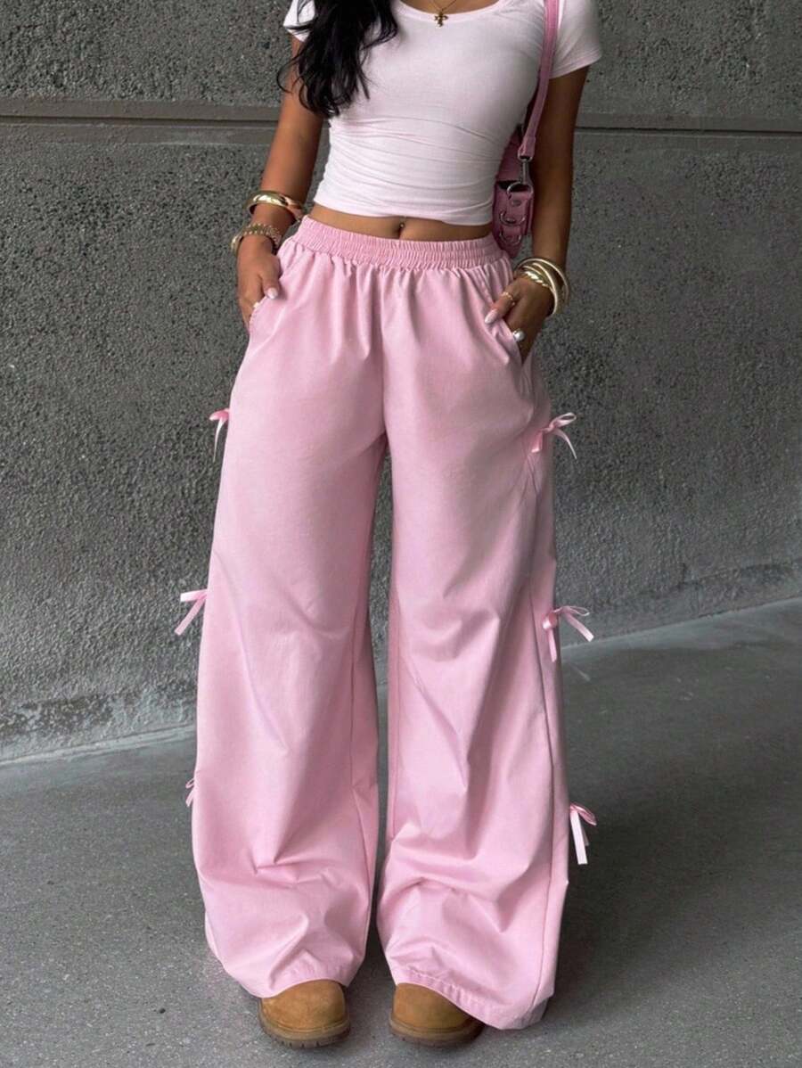 Coolane Teen Girls Clothing For Petite Girls Fall Clothes, Pink Bowknot  Quick-Drying Straight Pants Summer Elastic Waist Tie-Belted Utility Pants With Pockets,Back To School, Homecoming - Pink - View 1