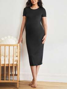 Moonlight&Mama Maternity Solid Color Round Neck Short Sleeve Fitted Casual Dress - Black - View 2